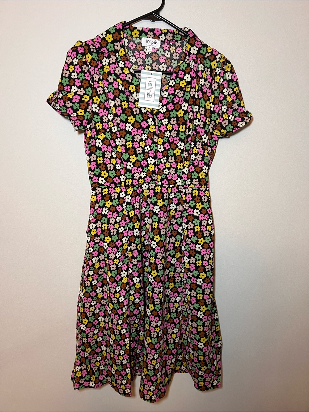 Tulip B Floral Button-Front Midi Dress in Black with Pink & Yellow Flowers